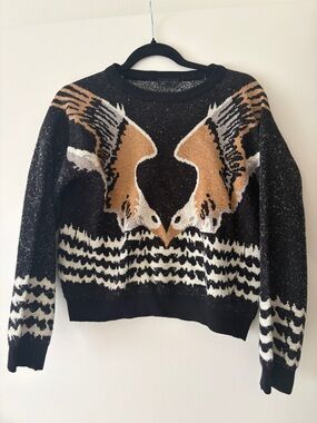 Topshop Black Crewneck Cropped Sweater with Tan and Cream Bird Motif